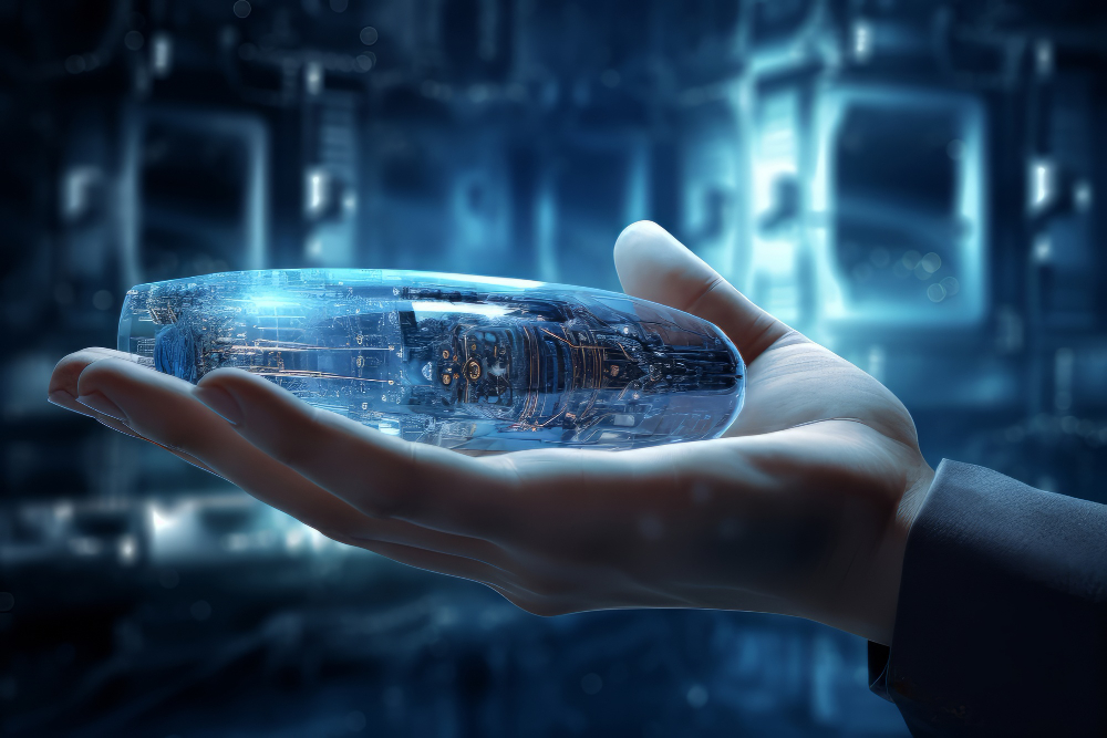 Visual metaphor of AI development, featuring human–machine collaboration with bright digital energy.