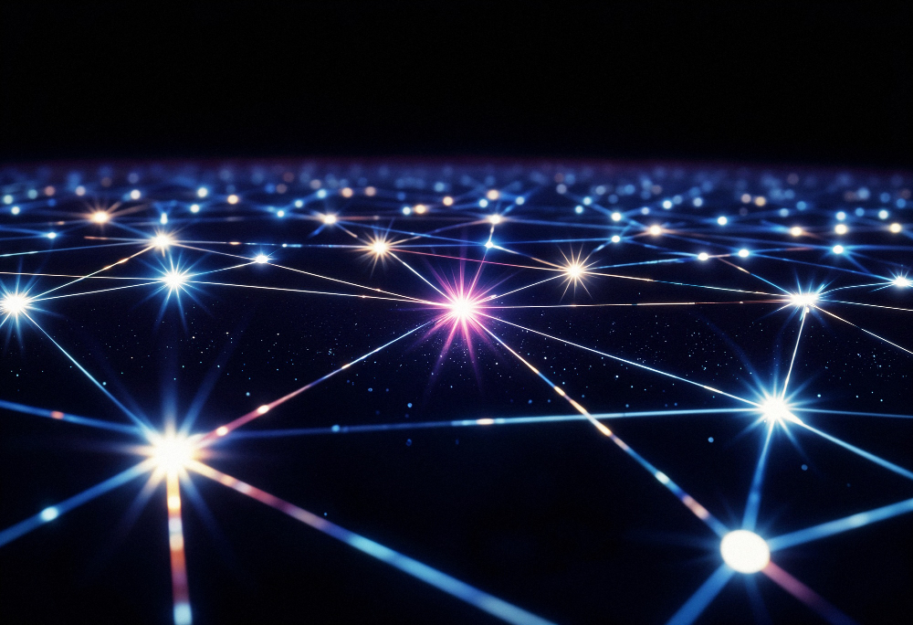 Visual metaphor of AI development, featuring human–machine collaboration with bright digital energy.