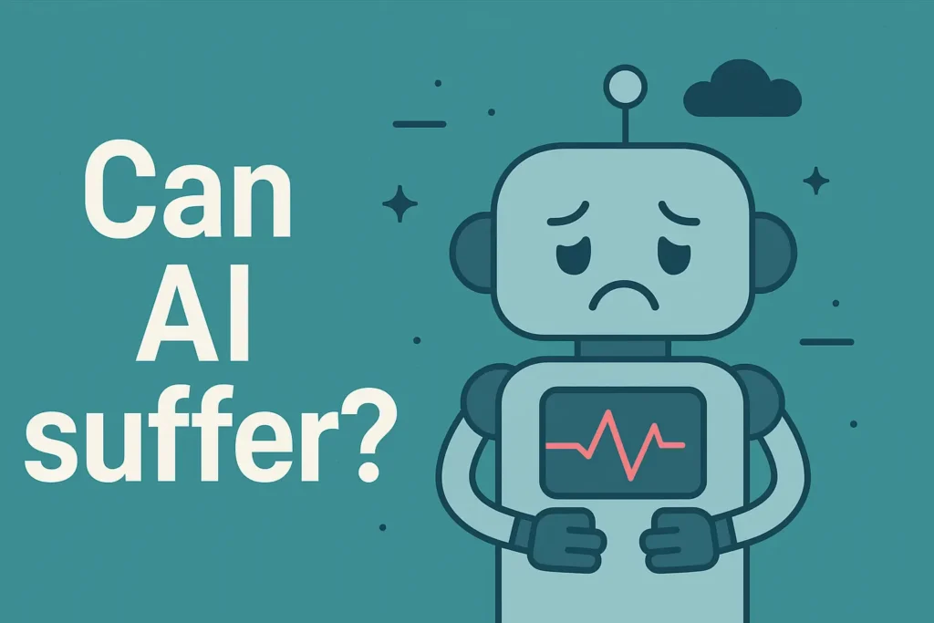 A robot holding a cracked sad emoticon mask next to the text “Can AI suffer?” on a teal background.