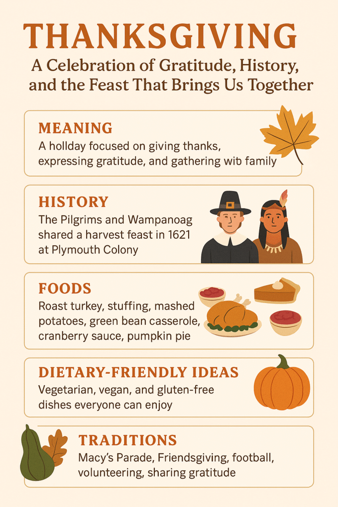 Illustrated Thanksgiving infographic displaying key holiday elements including meaning, historical origins with Pilgrims and Wampanoag, traditional foods like turkey and pumpkin pie, dietary-friendly ideas, and popular traditions such as Friendsgiving and the Macy’s parade — in warm autumn color palette.