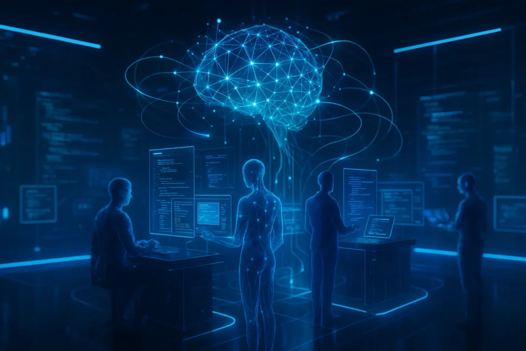 A high-tech environment featuring a suspended geometric neural structure, holographic data streams, and digital agents working with interactive AI interfaces.
