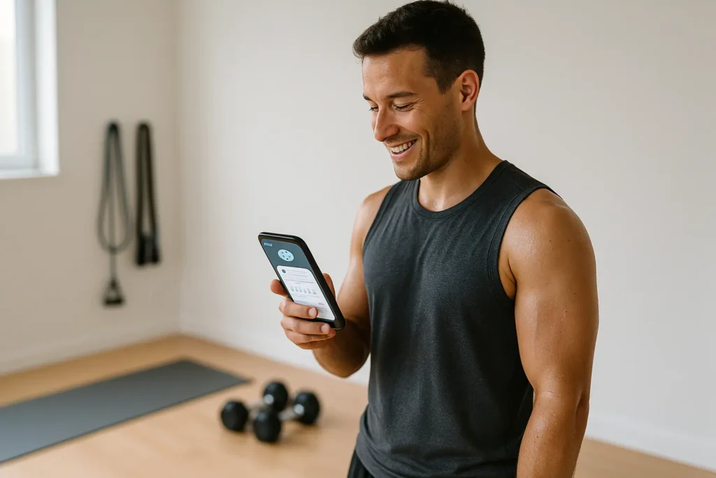 Person checking AI fitness progress on smartphone after completing a home workout