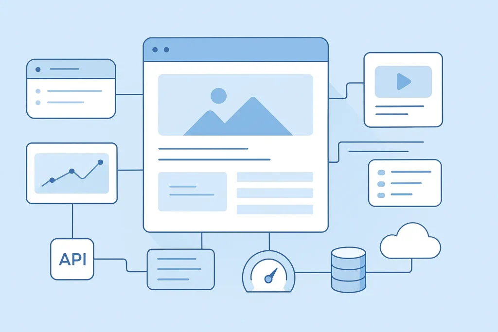 Conceptual illustration of custom web development architecture with modular components, APIs, databases, and cloud infrastructure