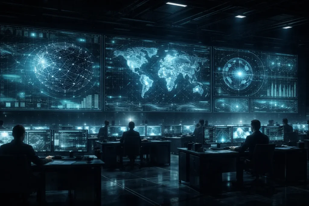 High-security command center visualizing classified technologies with global maps, encrypted networks, and cyber-defense systems
