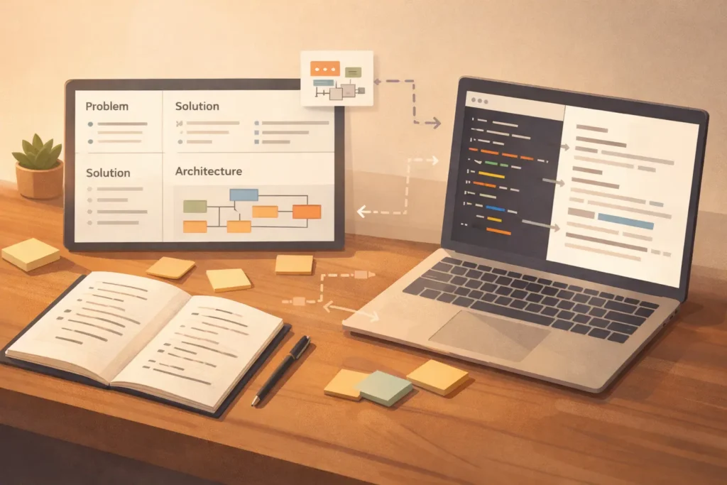 Workspace illustration showing code transforming into structured documentation for a side project through technical writing