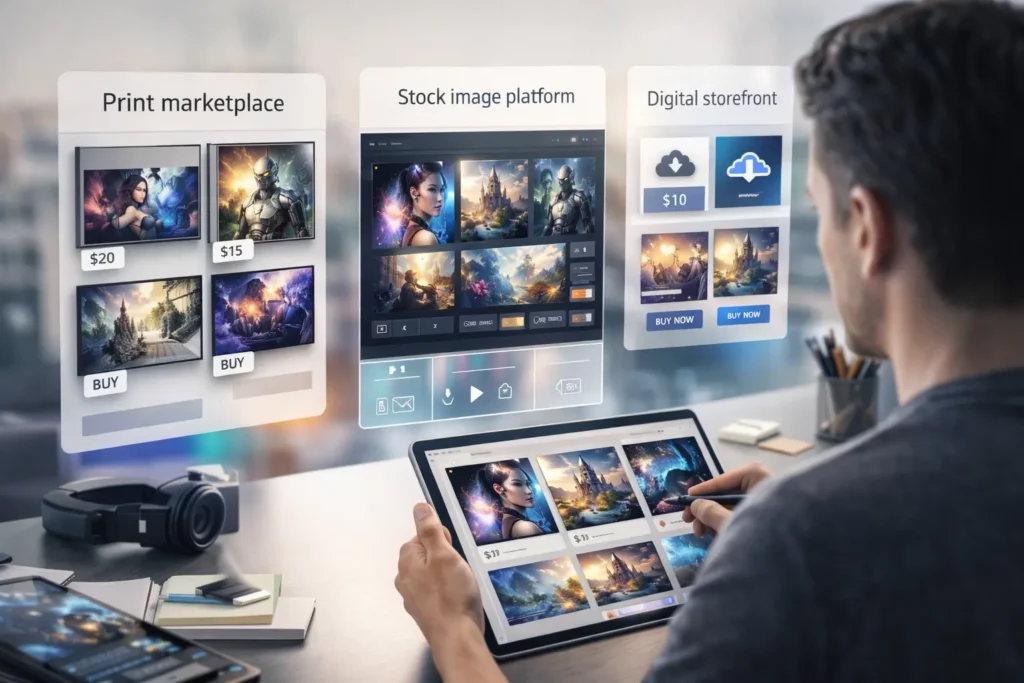 Creator comparing multiple online platforms for selling AI art using a tablet and floating digital storefront panels