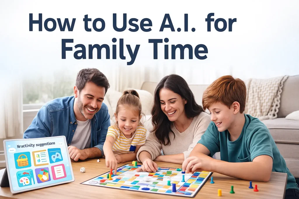 A family playing a board game in the living room while an A.I. device or tablet sits nearby showing activity ideas.