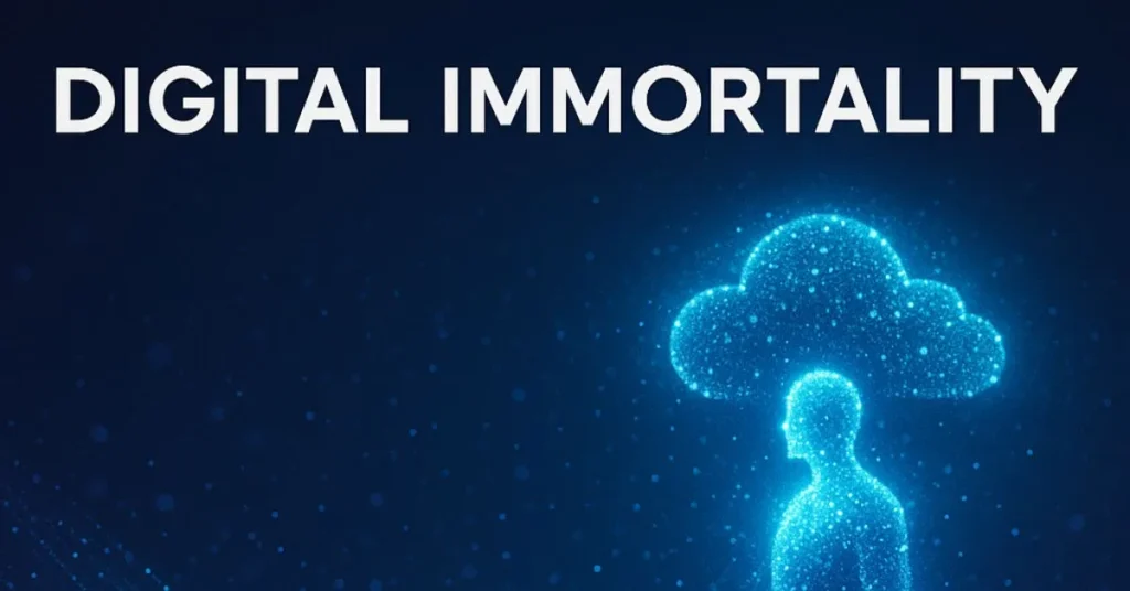 A person interacting with an AI avatar on a screen, representing a digital version of themselves.