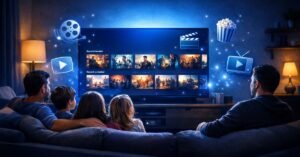 A family and an adult viewer sitting on a couch in a cozy living room, watching a streaming service interface on a smart TV with blue ambient lighting and floating entertainment icons.