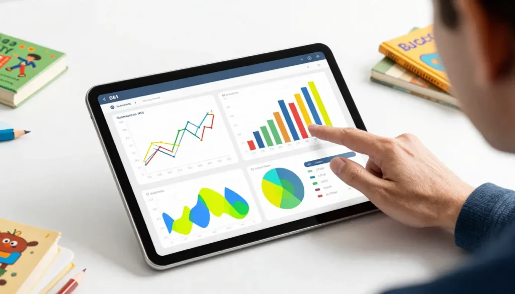 Person interacting with a Tableau dashboard on a desktop, displaying colorful charts, filters, and KPIs in a modern workspace.