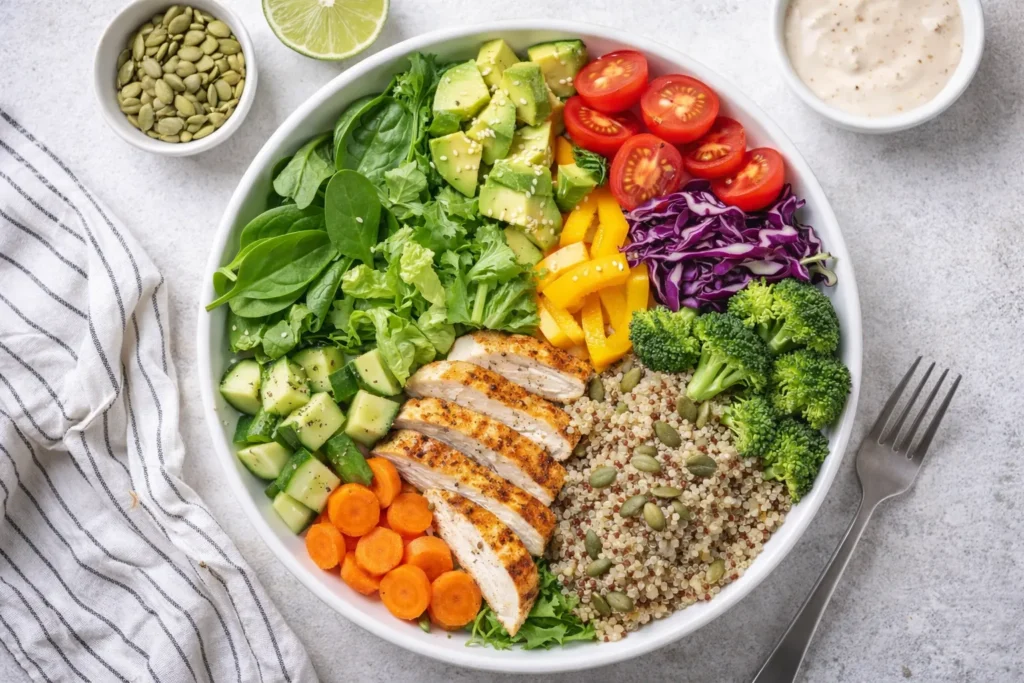 A vibrant, colorful salad bowl filled with fresh greens, grilled chicken, quinoa, and a variety of chopped vegetables, representing a delicious recipe for health