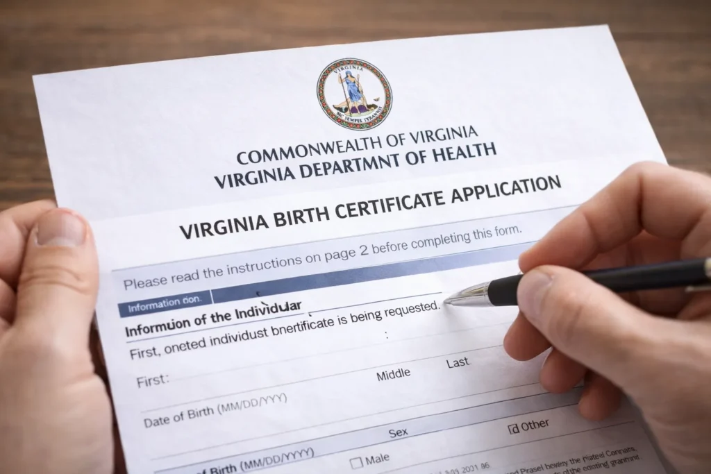 A close-up of a person holding an official Virginia birth certificate application form with a pen