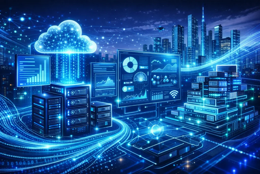 Technology data visualization showing cloud computing, analytics dashboards, and interconnected digital infrastructure in a modern tech environment.