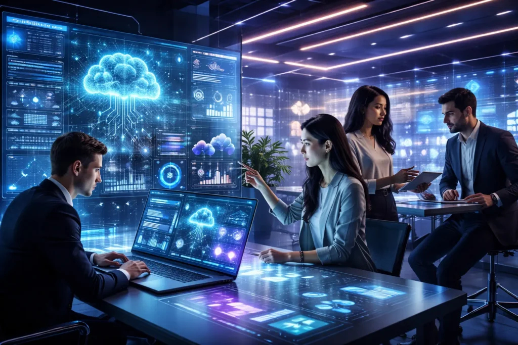 Futuristic digital workspace showing technology applications with data interfaces, AI visuals, and professionals collaborating in a modern environment.