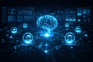 Autonomous AI agents connected in a futuristic digital network interface