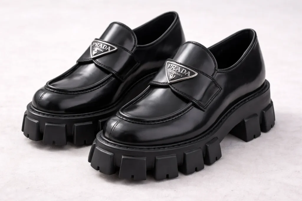 A pair of classic black Prada brushed leather loafers with the triangle logo and chunky Monolith sole