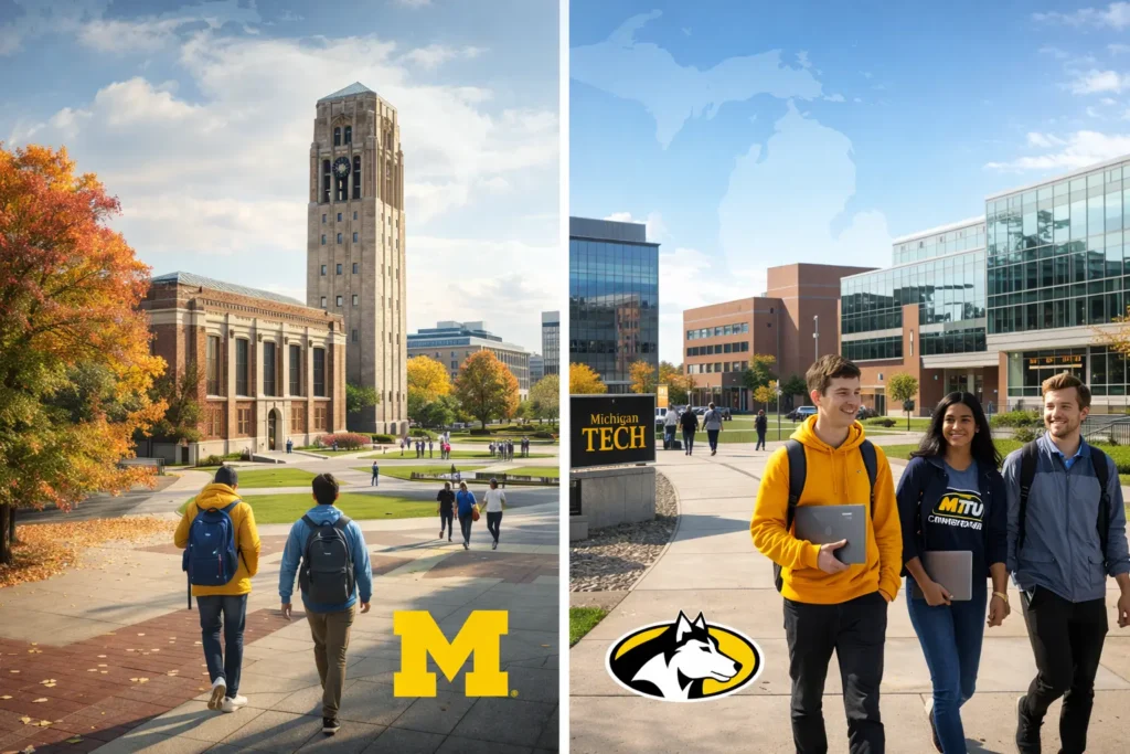 Top technology degrees in Michigan comparison featuring University of Michigan vs. Michigan Tech campuses and engineering programs.