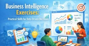 Business intelligence exercises illustration showing professionals analyzing data dashboards and charts for data-driven decision making