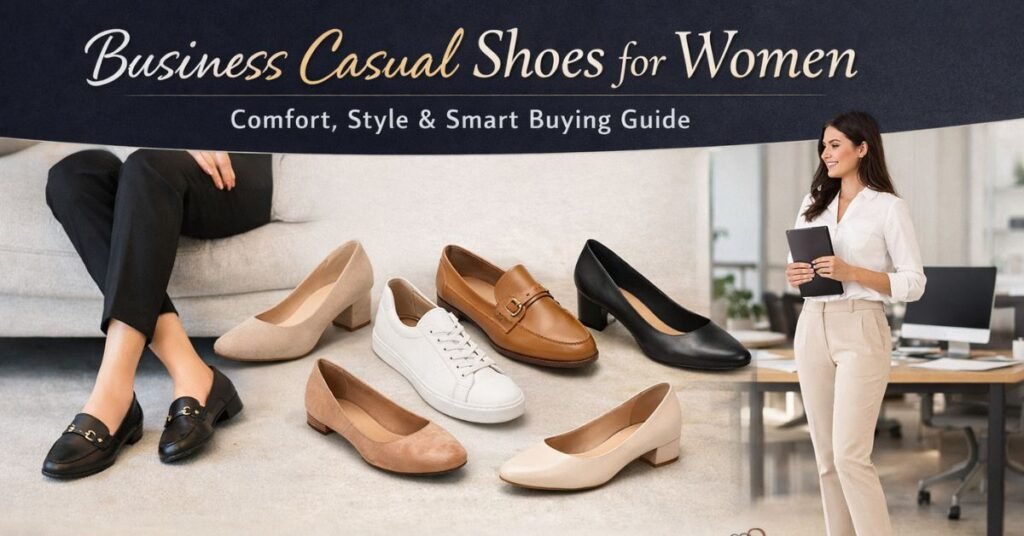 Stylish collection of business casual shoes for women including loafers, flats, block heels, and sneakers in a modern office setting