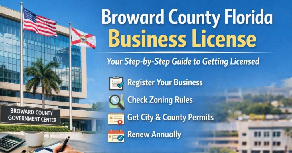 Broward County Florida business license step-by-step guide showing government building and licensing checklist