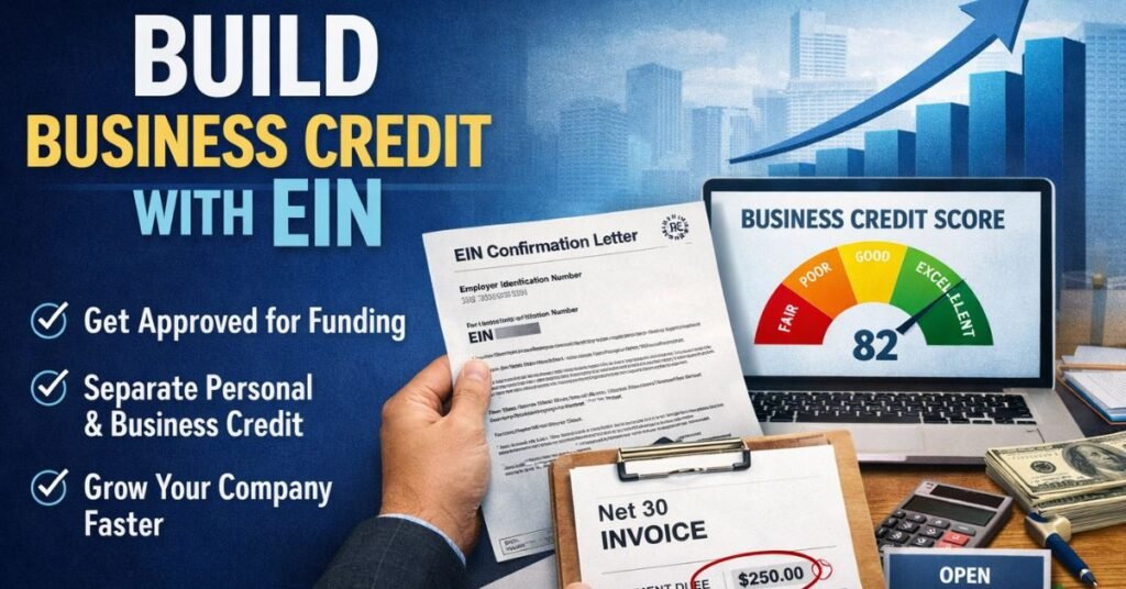 Illustration showing how to build business credit with EIN, including credit score gauge, Net-30 invoice, and EIN confirmation letter.