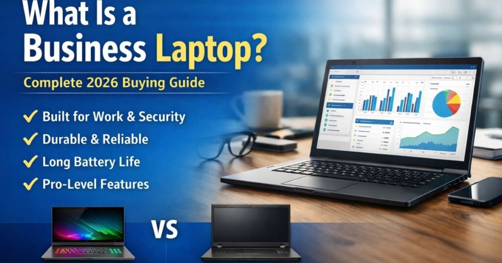 Business laptop on office desk displaying charts and analytics dashboard – What is a business laptop guide