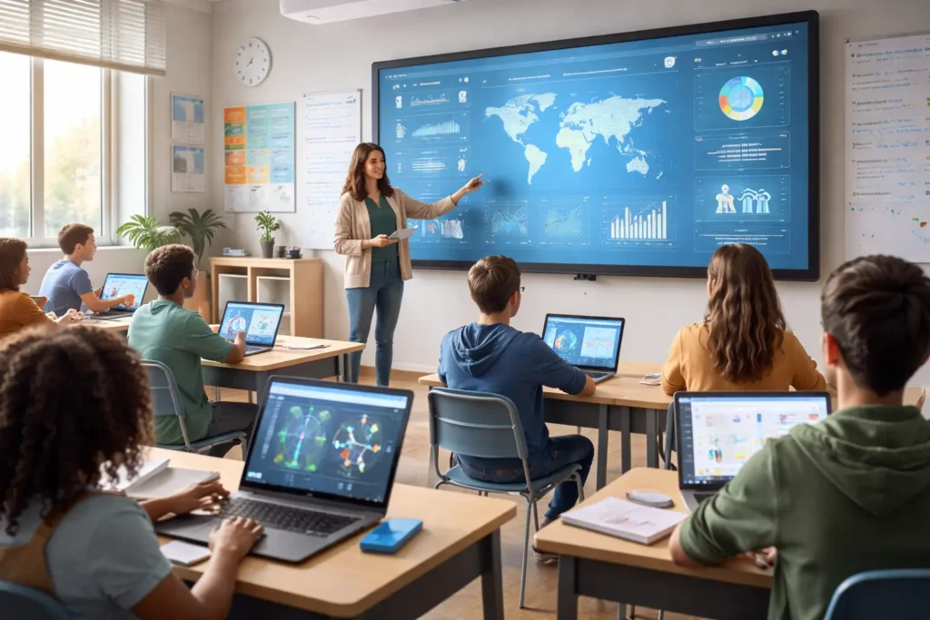 Technology of education classroom featuring digital smartboard, laptops, and students using EdTech tools in a modern learning environment