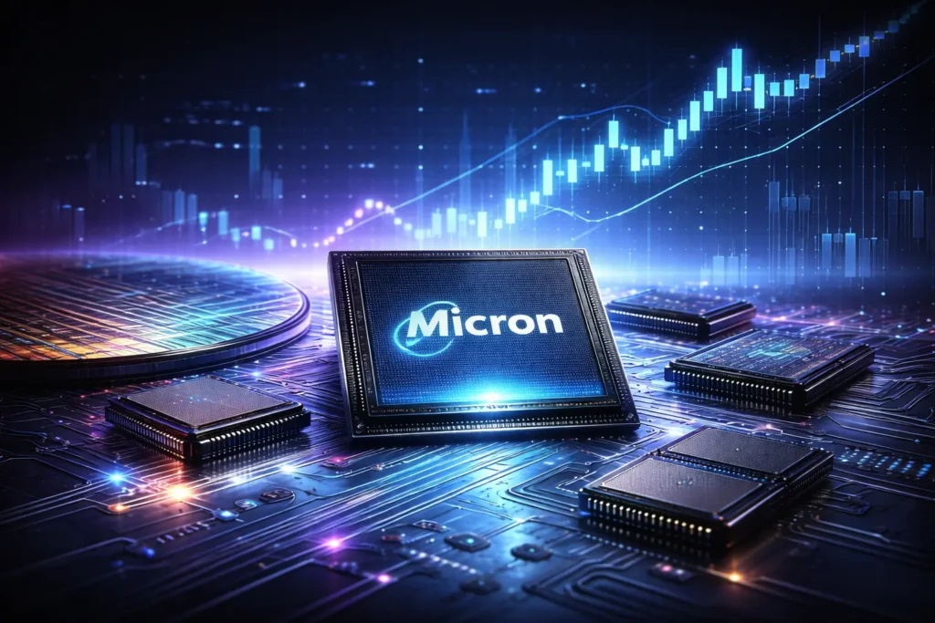 Micron Technology stock analysis concept with semiconductor chips and rising market data visualization.