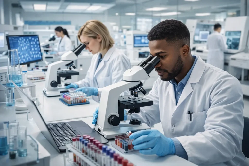 Medical Laboratory Technology professionals in a modern USA diagnostic lab analyzing samples with microscopes and advanced equipment.