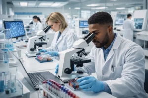 Medical Laboratory Technology professionals in a modern USA diagnostic lab analyzing samples with microscopes and advanced equipment.