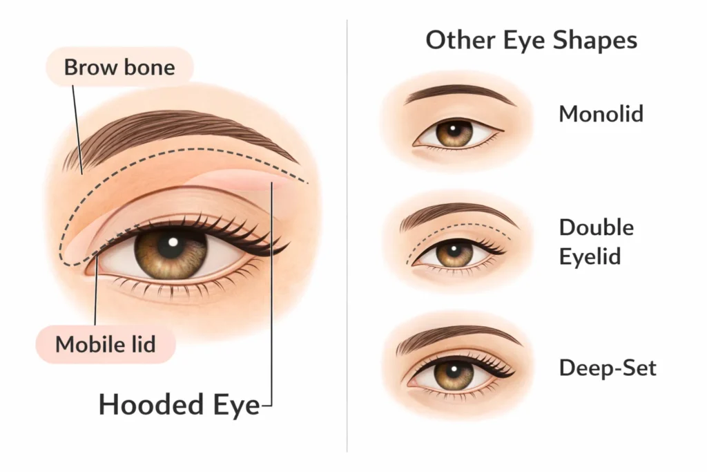 Diagram comparing a hooded eye shape to other eye shapes, highlighting the brow bone and mobile lid