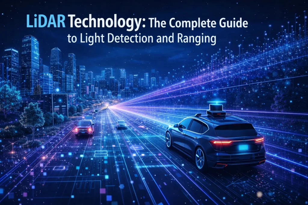 Visualization of LiDAR technology scanning a city with laser beams creating a 3D point cloud map for autonomous vehicles and digital mapping.
