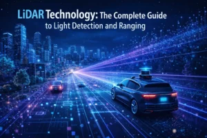 Visualization of LiDAR technology scanning a city with laser beams creating a 3D point cloud map for autonomous vehicles and digital mapping.