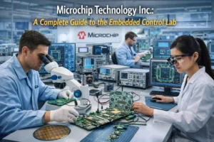 Engineers working on microcontrollers and semiconductor chips at Microchip Technology Inc. embedded control lab