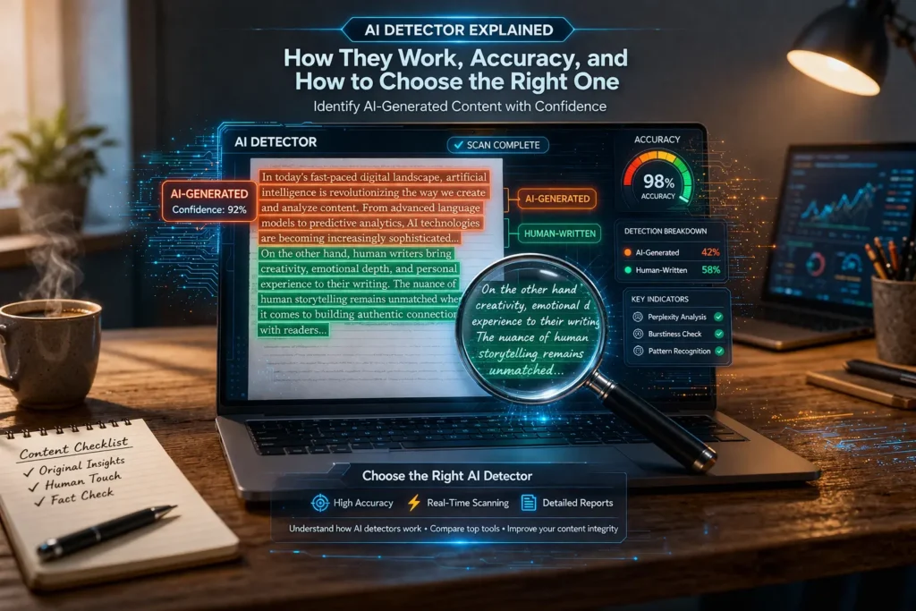 AI detector analyzing content to identify AI-generated text with accuracy indicators on a laptop screen