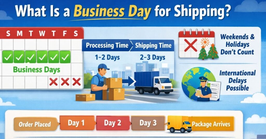 Business day for shipping infographic showing Monday to Friday as business days with a shipping truck, calendar, and delivery timeline.