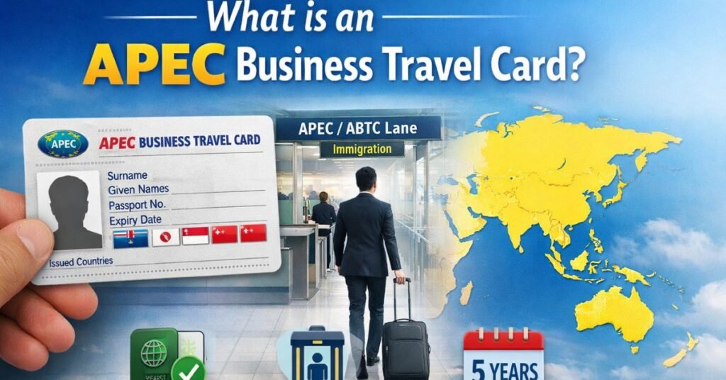 Business traveler holding an APEC Business Travel Card at an airport immigration lane with a map of APEC economies highlighting visa-free business travel and fast-track entry benefits.