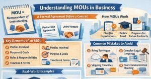 Infographic explaining what MOU stands for in business, showing memorandum of understanding definition, key elements, benefits, and difference between MOU and contract.
