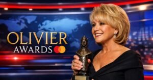 Dame Elaine Paige holding an Olivier Award trophy in a modern newsroom-style graphic with world map background and red-blue breaking news accents, representing her recognition for a lifetime contribution to musical theatre.