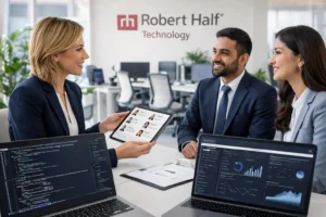 Robert Half Technology recruiters helping candidates find tech jobs and IT hiring opportunities in a modern office.