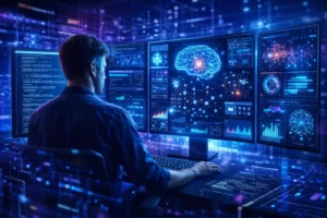 Computational technology concept showing a programmer analyzing algorithms, AI networks, and data visualizations on multiple futuristic digital screens.