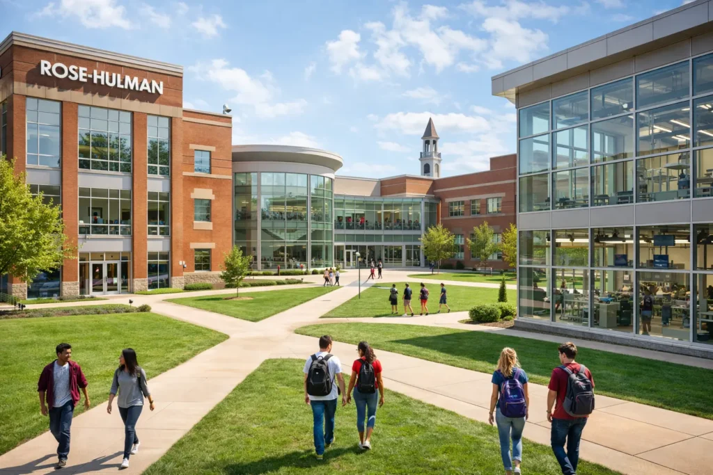 Rose-Hulman Institute of Technology RHIT campus with engineering buildings and students walking across the university quad