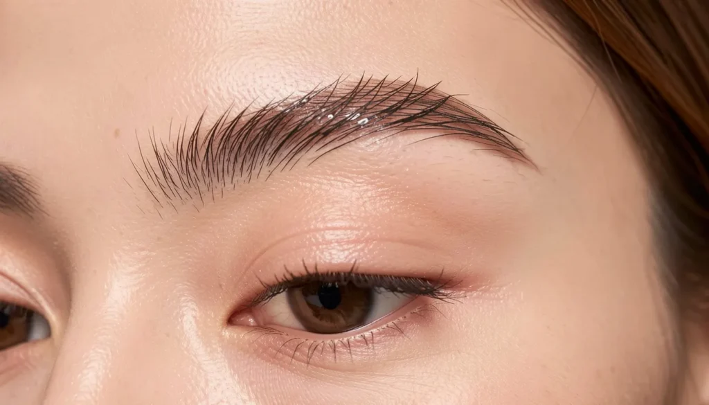 A close-up shot of a woman's perfectly groomed, feathery eyebrow after applying brow gel.