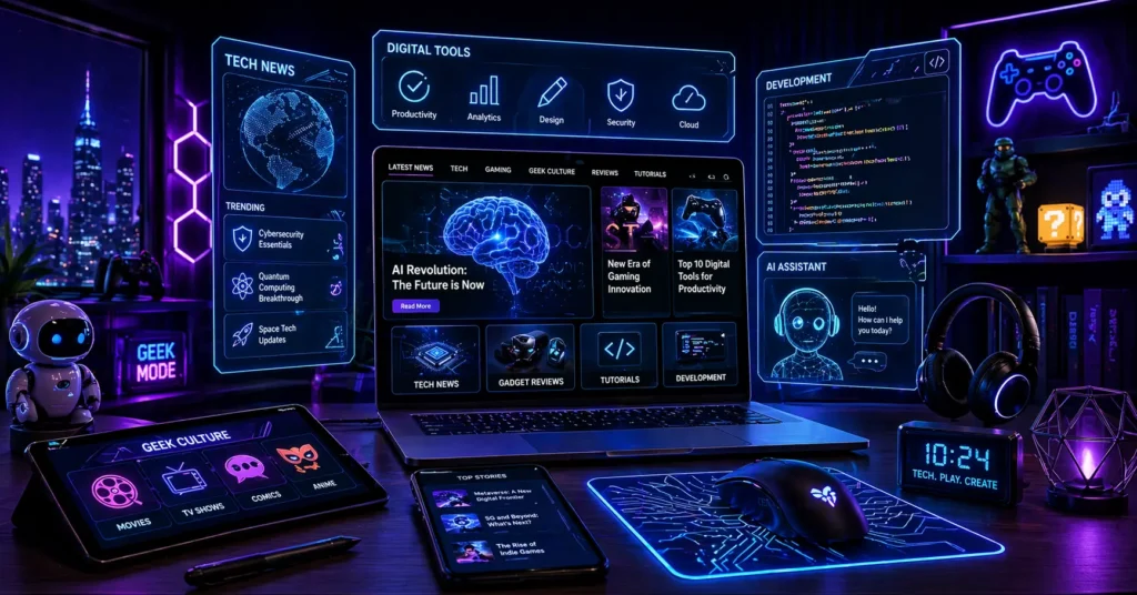 Geekzilla.io Technology futuristic digital workspace with holographic screens, gadgets, and glowing tech interfaces representing geek culture and digital tools