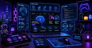 Geekzilla.io Technology futuristic digital workspace with holographic screens, gadgets, and glowing tech interfaces representing geek culture and digital tools