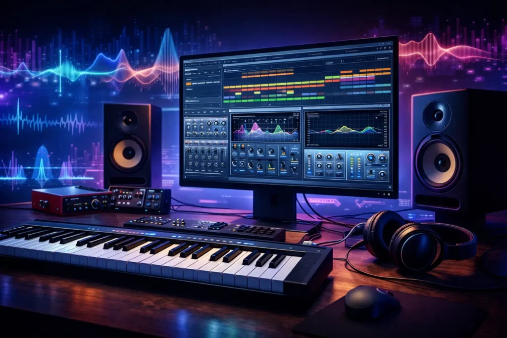 Virtual Studio Technology VST setup showing DAW plugins, music production software, and studio equipment