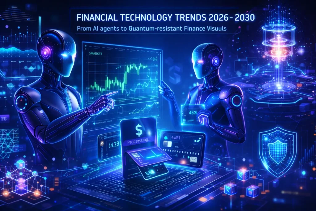 financial technology trends 2026–2030 featuring AI agents, blockchain, and quantum-resistant finance visuals