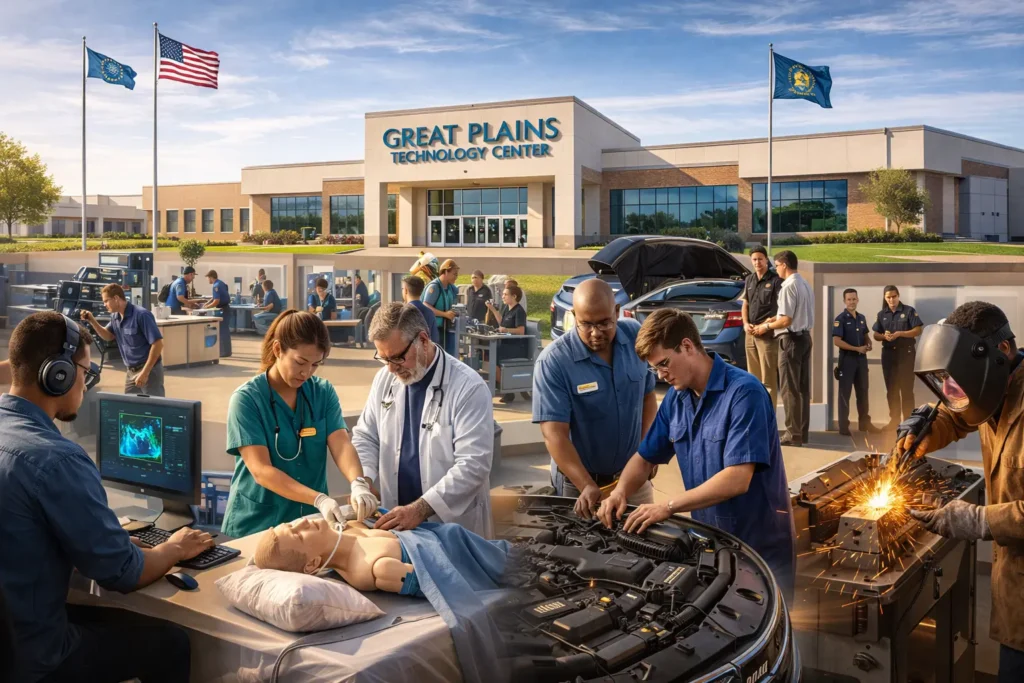 Great Plains Technology Center career and technical education campus in Lawton Oklahoma with students in training programs