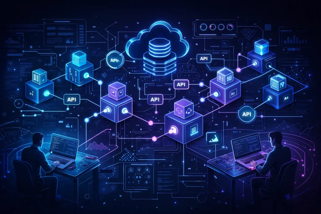 Microservices architecture diagram showing interconnected services and cloud-based system design