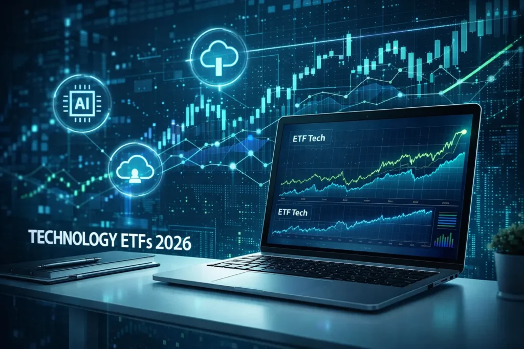 Technology ETFs 2026 guide showing digital stock charts and tech sector investment growth analysis